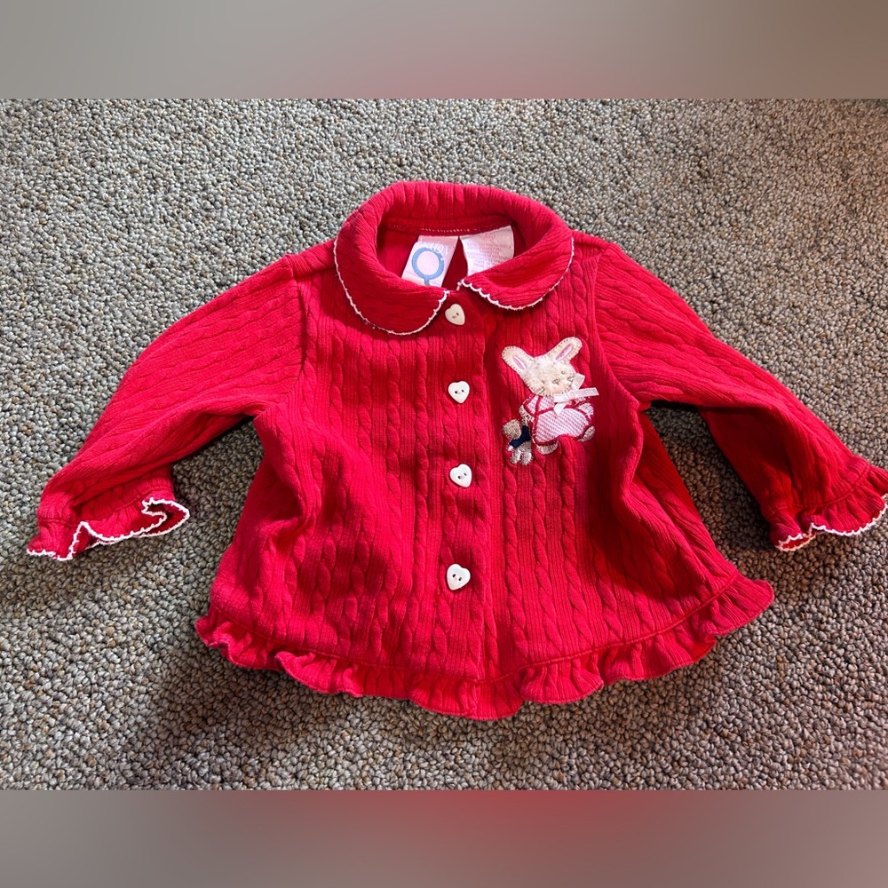 Vintage Red Baby Cardigan with Bunny Design size 6/9 Months